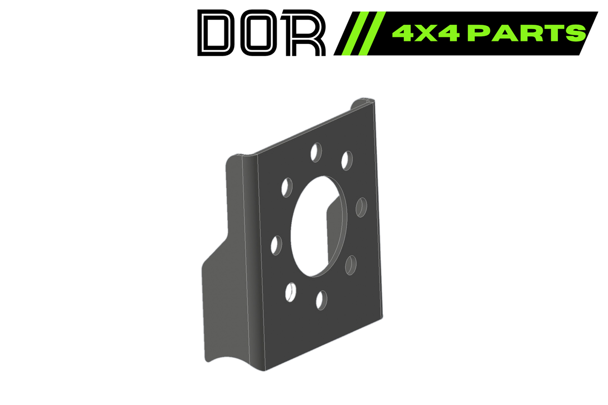 A dark gray metal mounting bracket with a circular cutout and multiple bolt holes, shown on a white background with a 'DOR 4X4 PARTS' logo at the top.